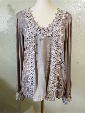 Boho Romantic Floral Appliqué Peasant Blouse Embroidered Mauve Knit Top POL Sm